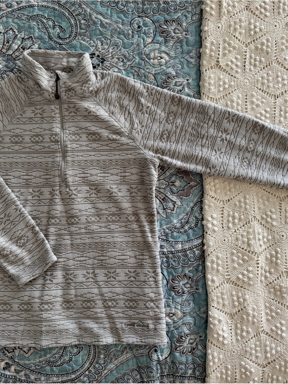 Eddie Bauer Light Gray Patterned Half-Zip Sweater